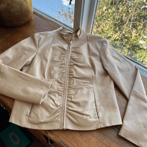 Wilson's Leather Beige Moto Jacket Genuine Leather Satin Lining, Size L - Picture 2 of 7